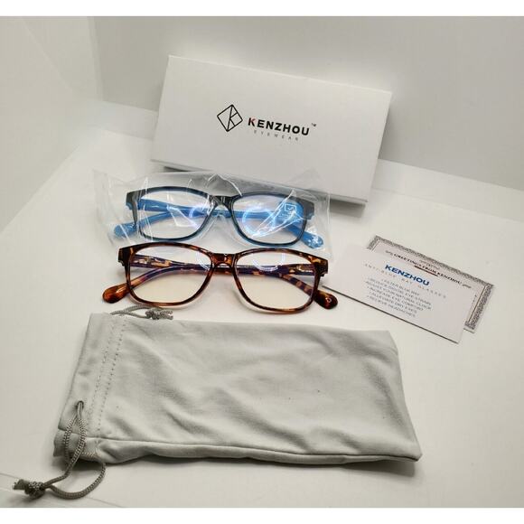 2 KENZHOU Blue Light Blocking Computer Glasses Tortoise Brown/Blue Box Cloth Bag - Picture 1 of 6